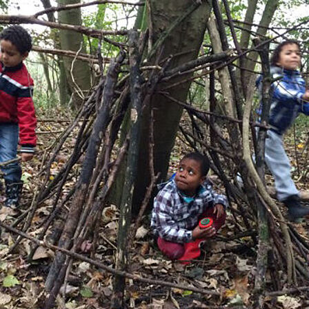 Kinderen bouwen een hut in het bos