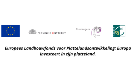 Logo EU; provincie Utrecht; gemeente Nieuwegein; LEADER; Europees Landbouwfonds voor Plattelandsontwikkeling: Europa investeert in zijn platteland